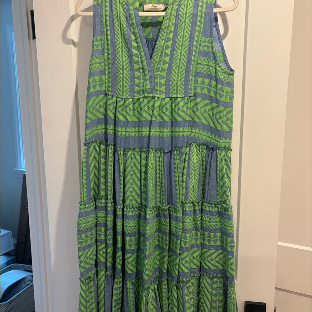 Green and Blue Patterned Sleeveless Dress
